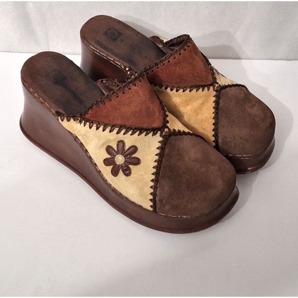 Vtg Y2K Ellemeno Caley Boho Clogs Womens Sz 7.5 Suede Platform Patchwork Floral